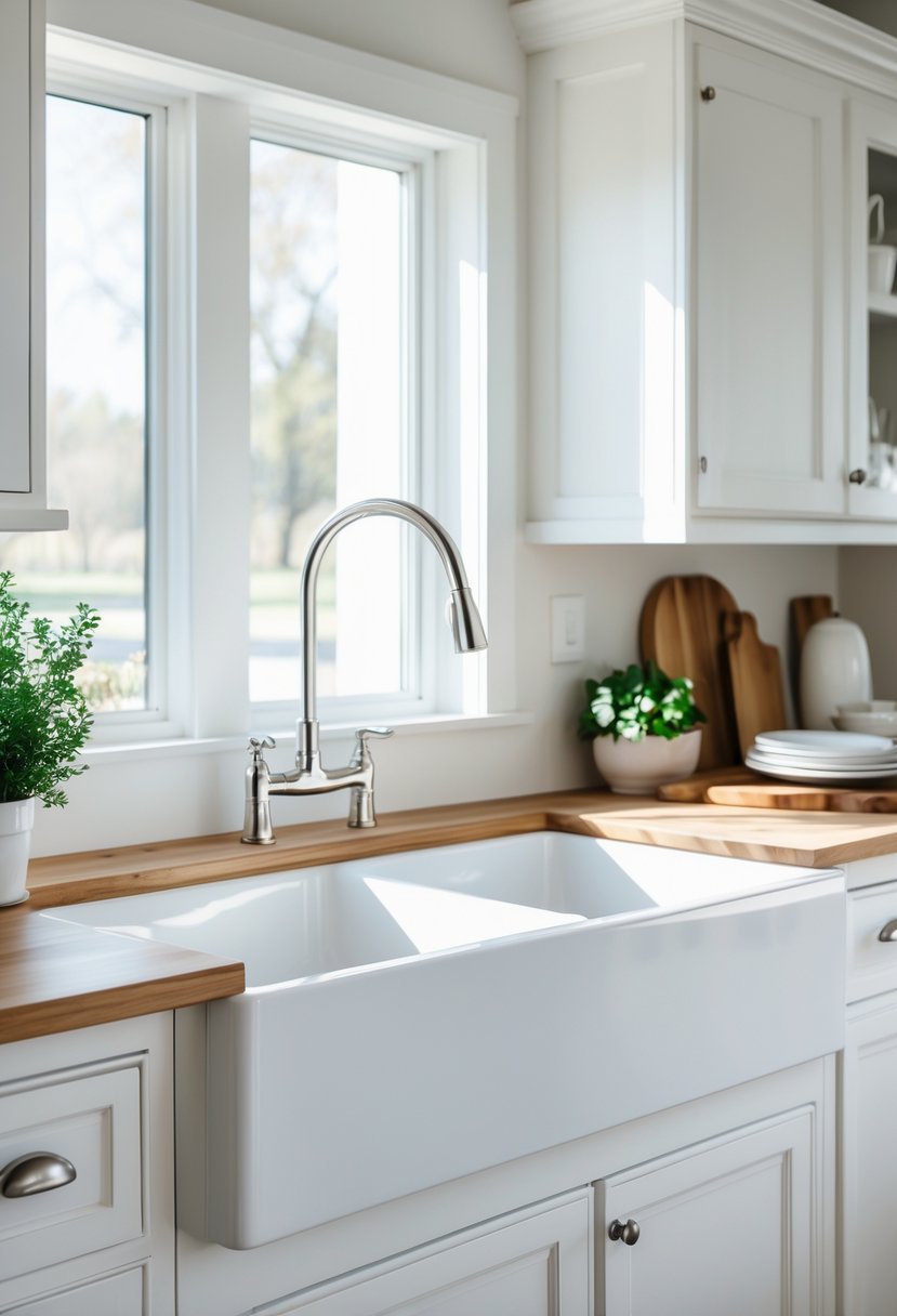 A double basin porcelain farmhouse sink installed in a bright kitchen with wooden countertops and white cabinets.