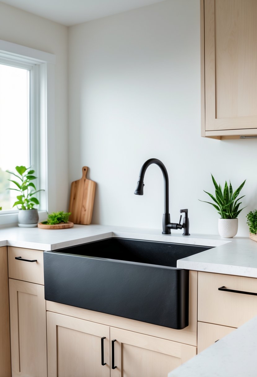 Matte black apron front farmhouse kitchen sink installed in a bright kitchen with white countertops and light wood cabinets.