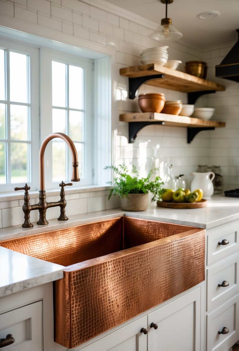 A large hand-hammered copper apron sink installed in a farmhouse kitchen with wooden countertops and a brass faucet.