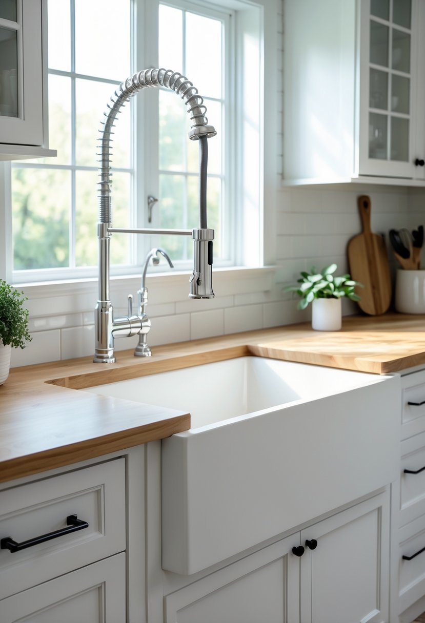 A white farmhouse sink installed in a kitchen with wooden countertops and white cabinets.