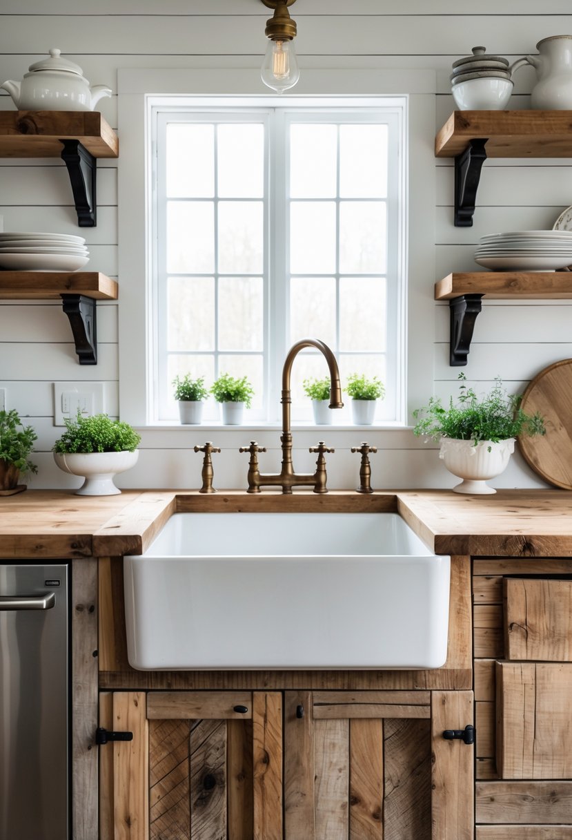 A farmhouse kitchen with a large white sink surrounded by reclaimed wood and rustic kitchen elements.