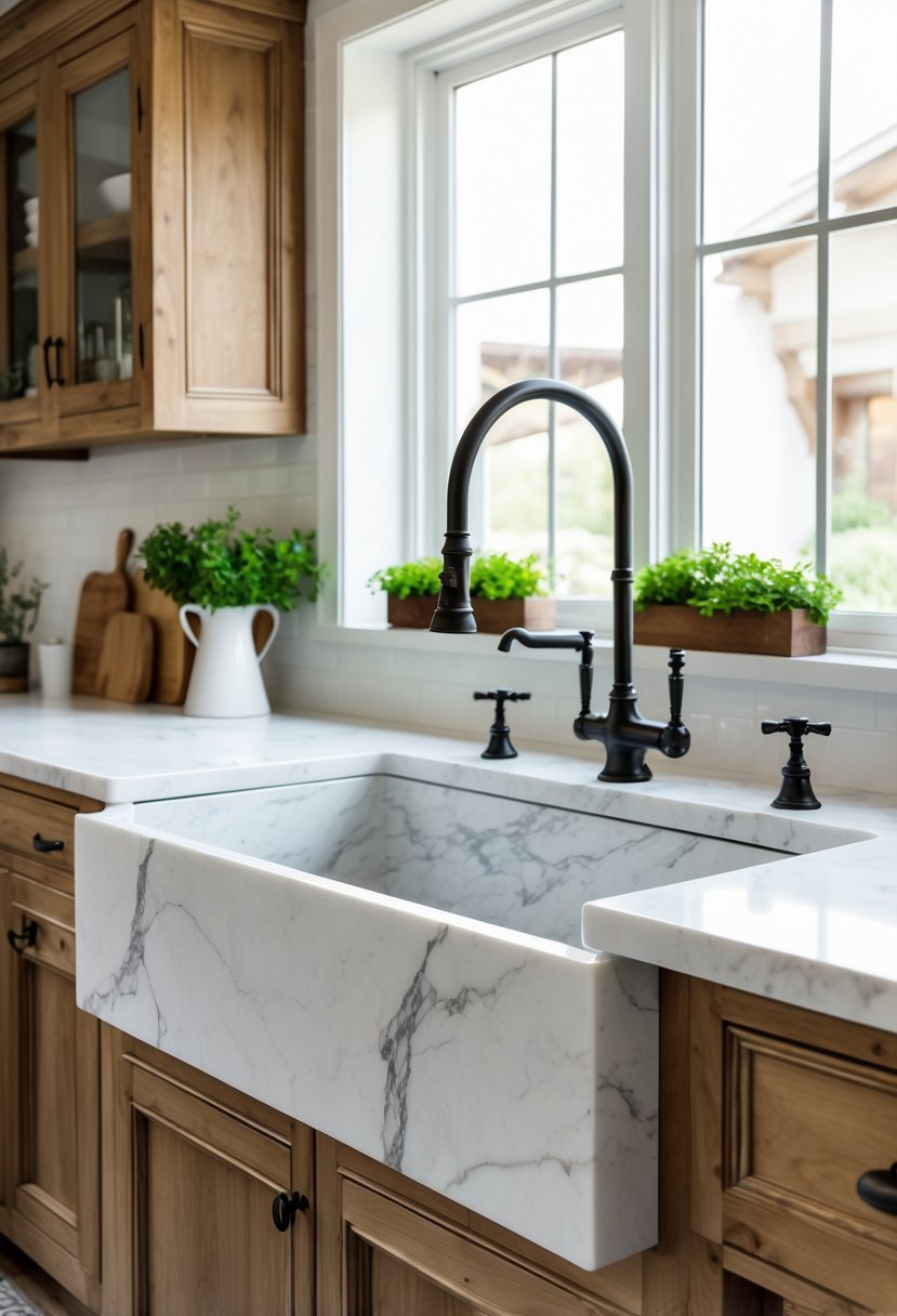 A large marble farmhouse kitchen sink integrated into a wooden countertop with a brass faucet, surrounded by kitchen cabinets and natural light.