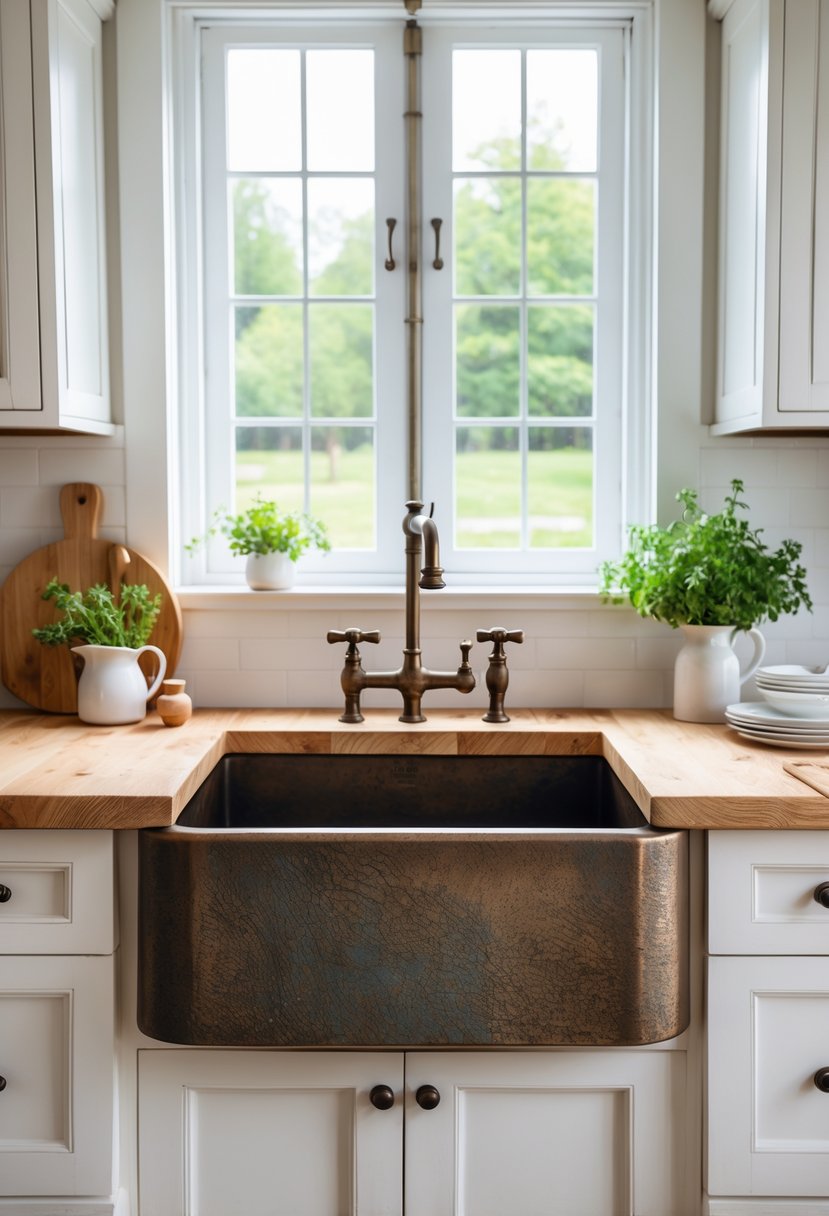 A bronze farmhouse sink installed in a kitchen with wooden countertops and white cabinets, with a window showing greenery outside.