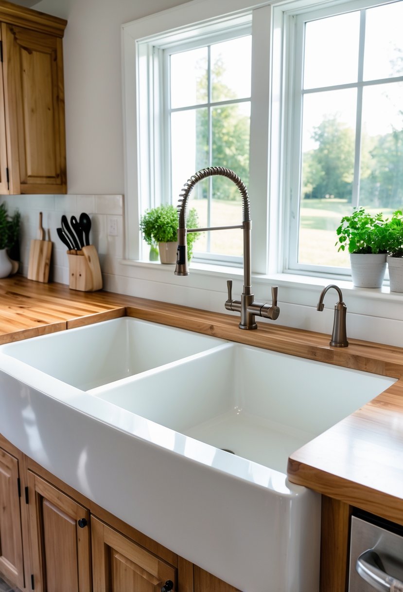 A large farmhouse kitchen apron sink with two deep basins installed in a bright kitchen with wooden countertops and a modern faucet.