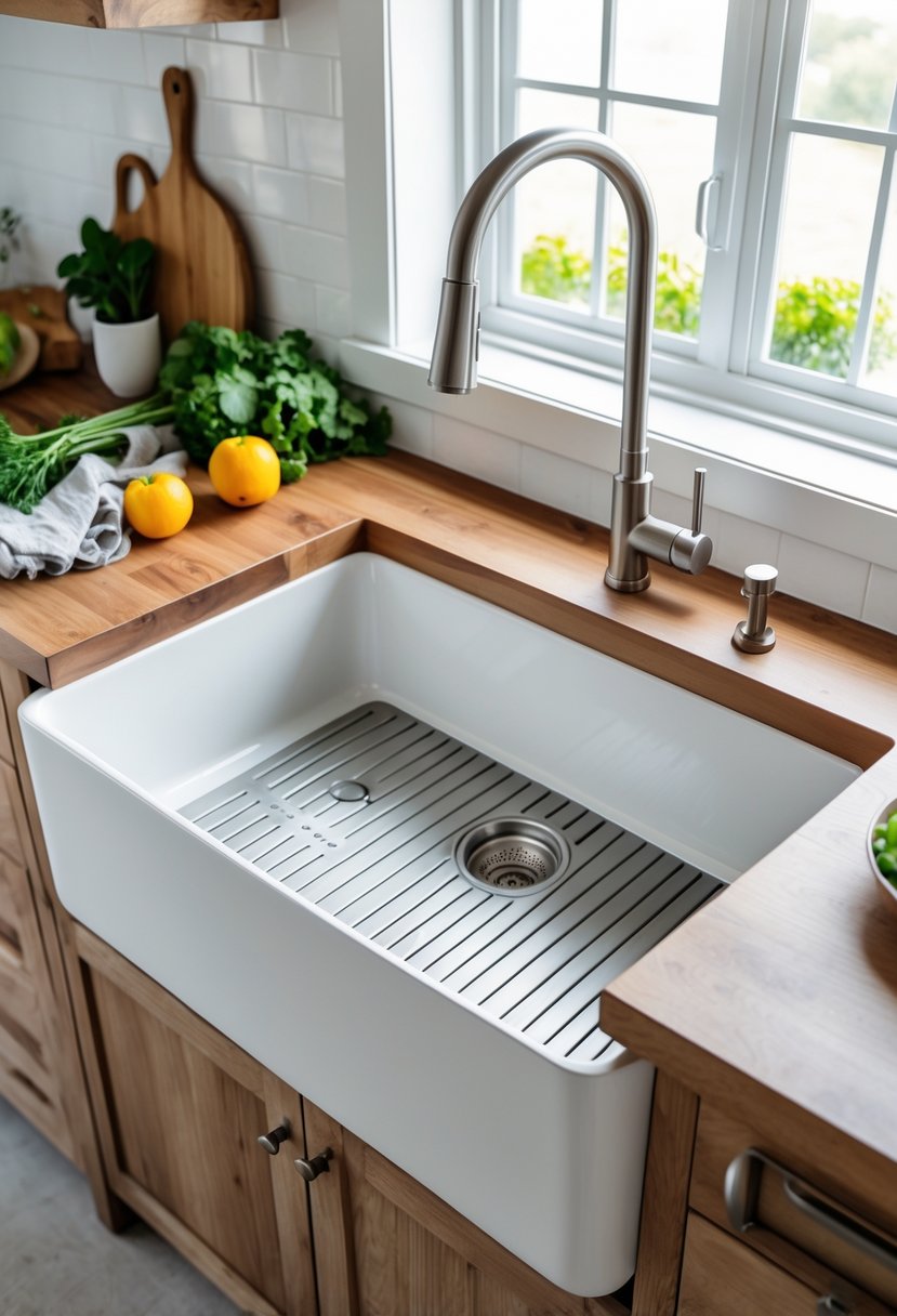 Under-mount farmhouse kitchen sink with a drain board installed beneath a countertop in a bright kitchen setting.