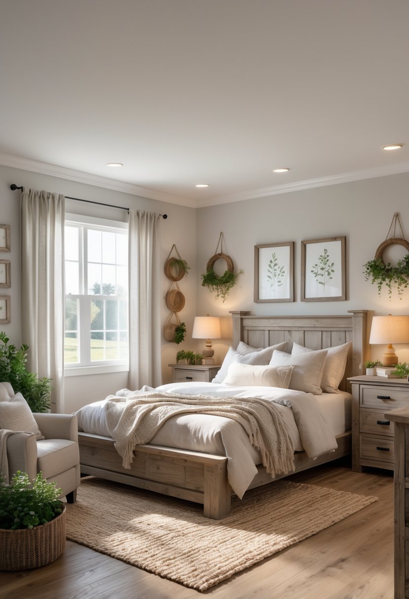 A cozy guest bedroom with a wooden bed, nightstands, a window with curtains, an armchair, and plants.