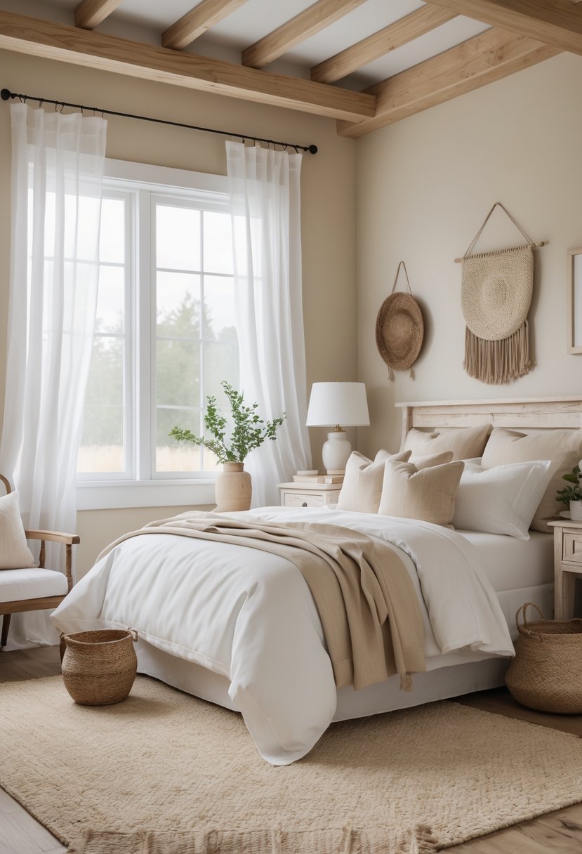 A bright guest bedroom with a bed, wooden nightstand, armchair, and natural light coming through large windows.
