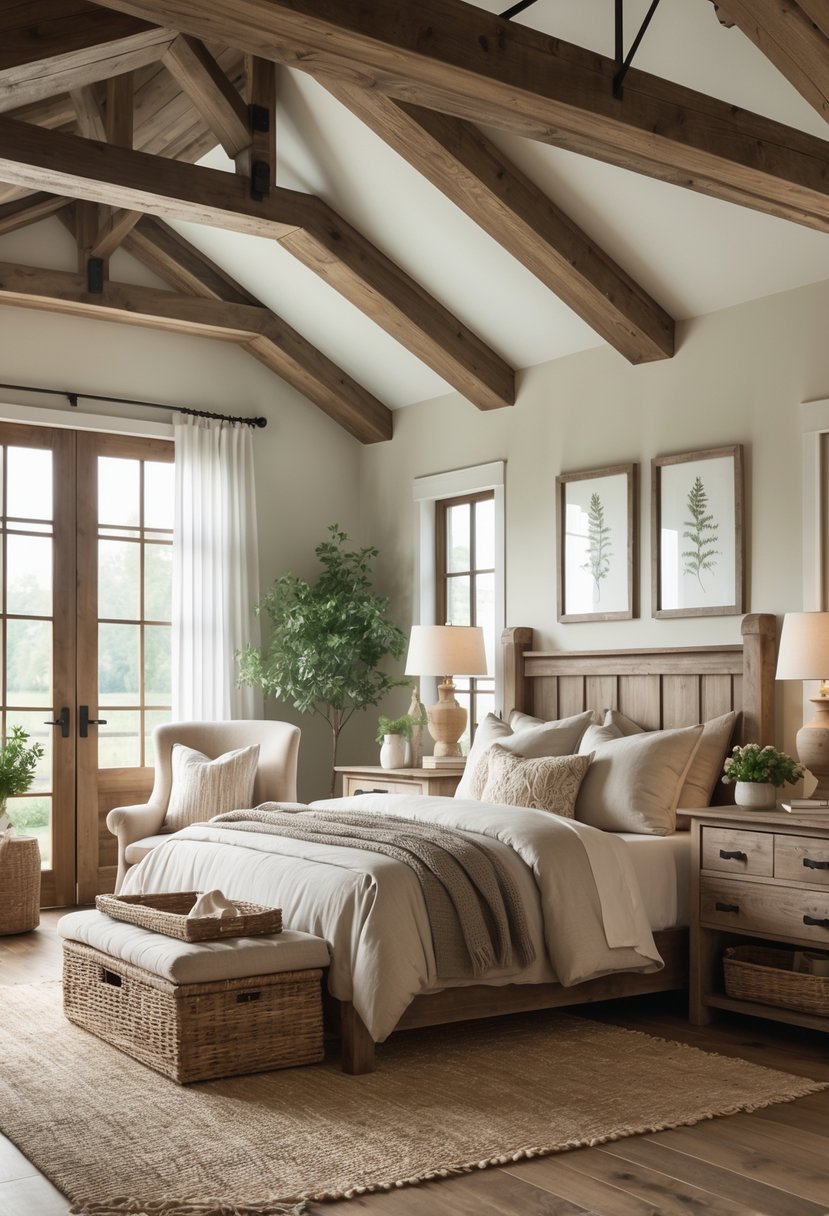 A guest bedroom with exposed wooden ceiling beams, a bed, wooden furniture, large windows with curtains, and natural light filling the room.