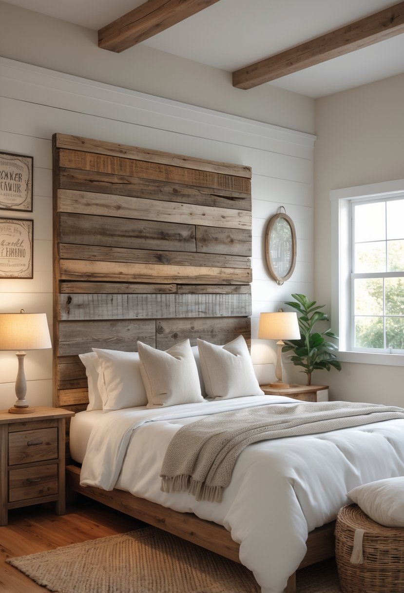 A guest bedroom with a wooden headboard, bed with white linens, bedside tables with lamps, a window letting in daylight, a rug on the floor, and a potted plant.