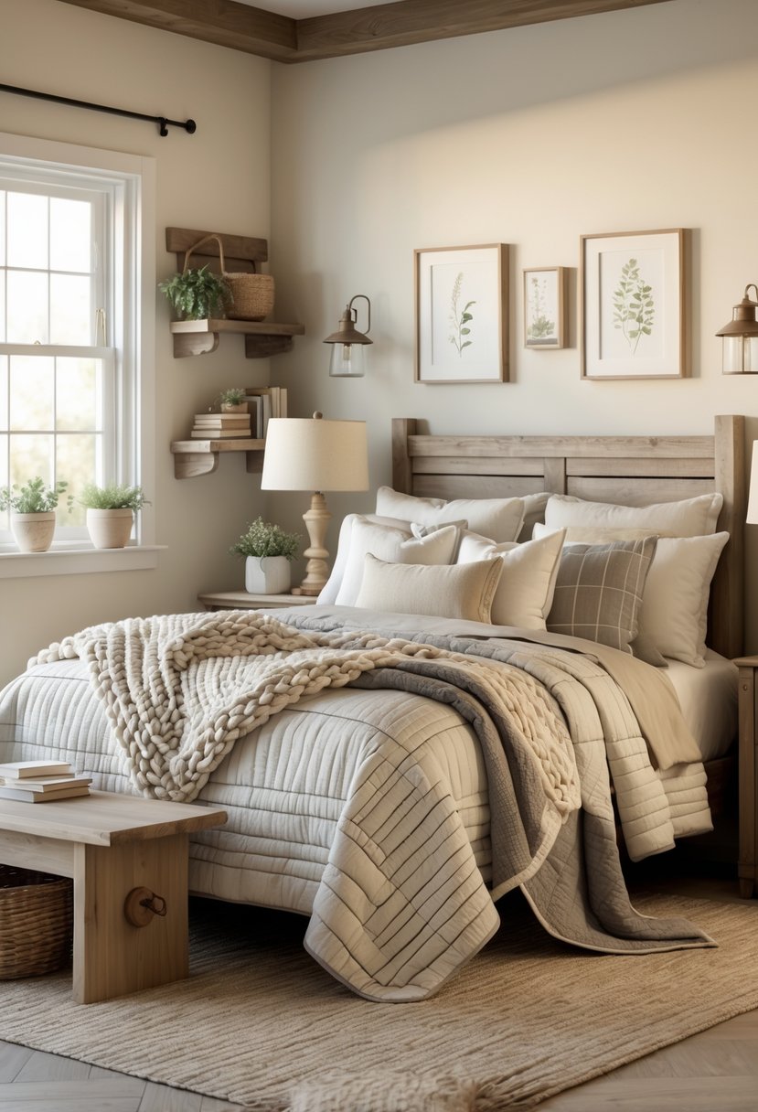 A guest bedroom with a bed covered in layered quilts and throws, wooden furniture, a window letting in natural light, and cozy decor.