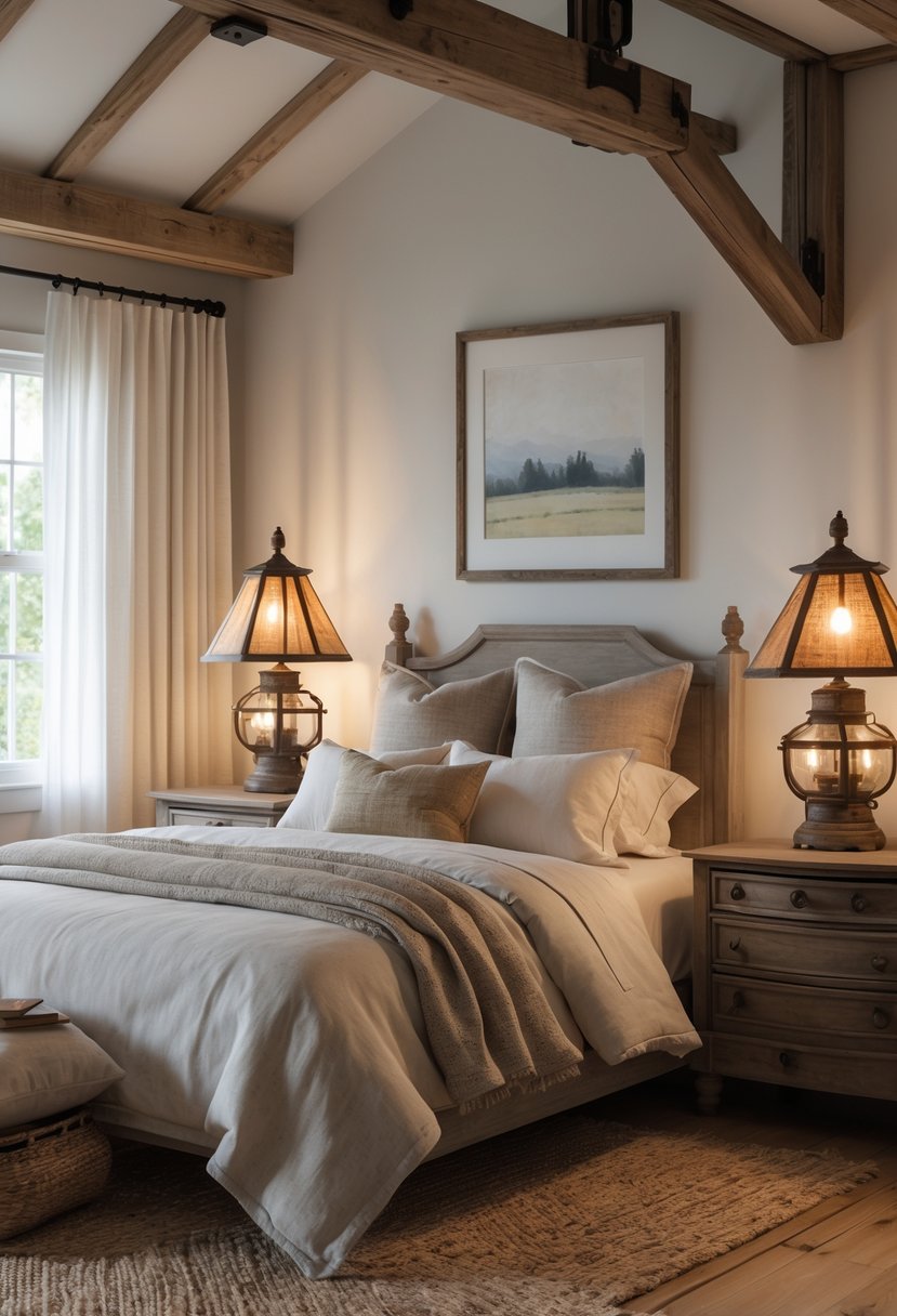 A guest bedroom with a bed, bedside tables, and antique lamps on each side, softly lit by natural light.