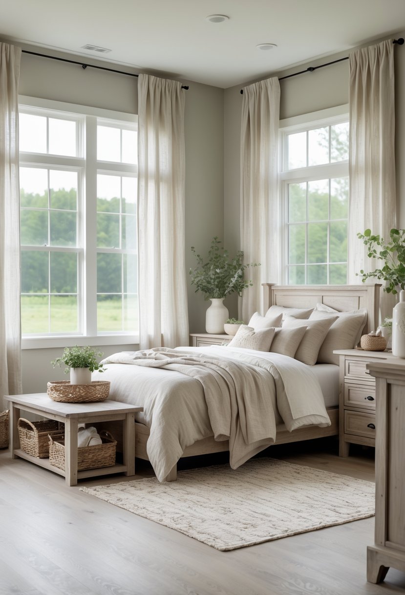 A guest bedroom with a bed, wooden furniture, soft linen curtains on windows, and natural light filling the room.