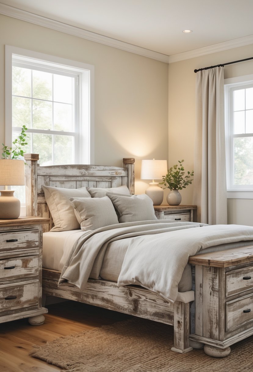 A guest bedroom with a bed flanked by two distressed wood nightstands, soft lighting, and rustic decor.