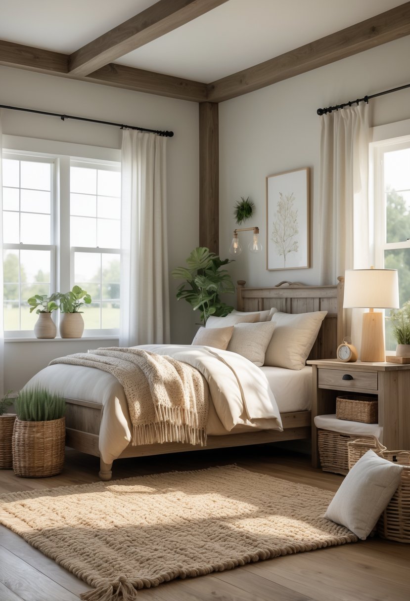 A guest bedroom with a bed, wooden nightstands, woven area rug on the floor, soft natural light, and simple decor.