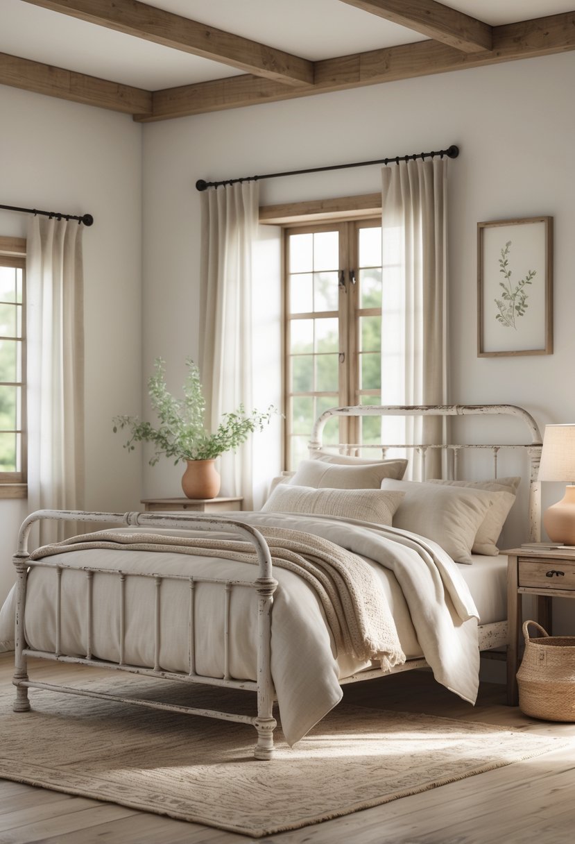 A guest bedroom with a vintage metal bed frame, wooden nightstand, soft bedding, natural light from a window, and simple decor.