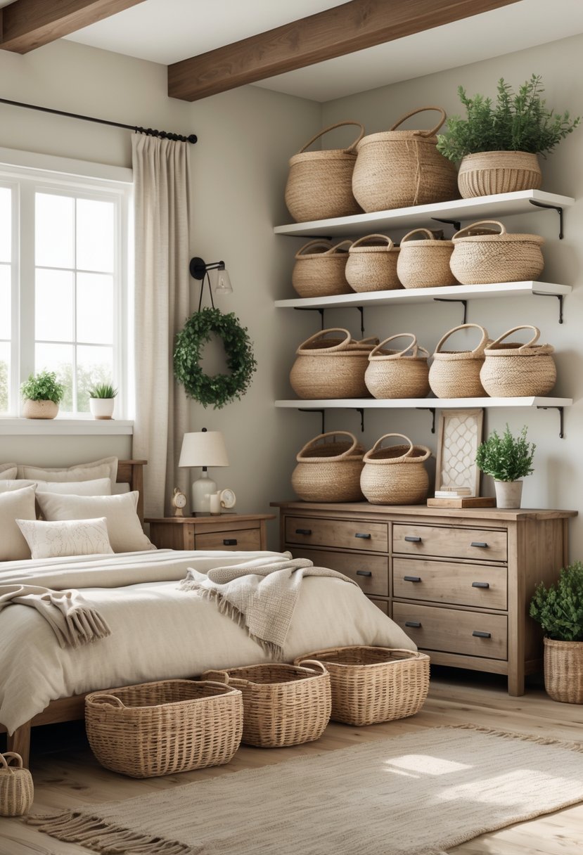 A guest bedroom with a bed, wooden furniture, and several natural fiber baskets used for storage placed around the room.