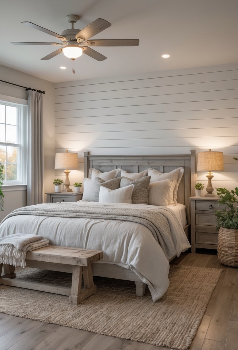 A guest bedroom with a bed, nightstands, lamps, a window with curtains, wooden floor, and plants.