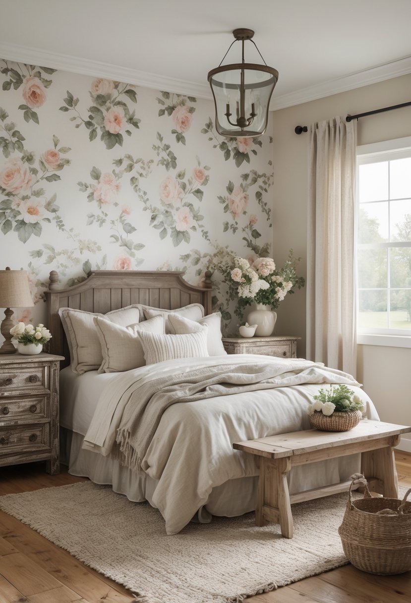 A guest bedroom with floral wallpaper, a bed with pillows and linens, wooden furniture, natural light from a window, and decorative plants.