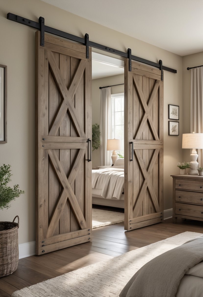 A guest bedroom with a bed, bedside tables, and barn door style closet doors made of wood, lit by natural light.