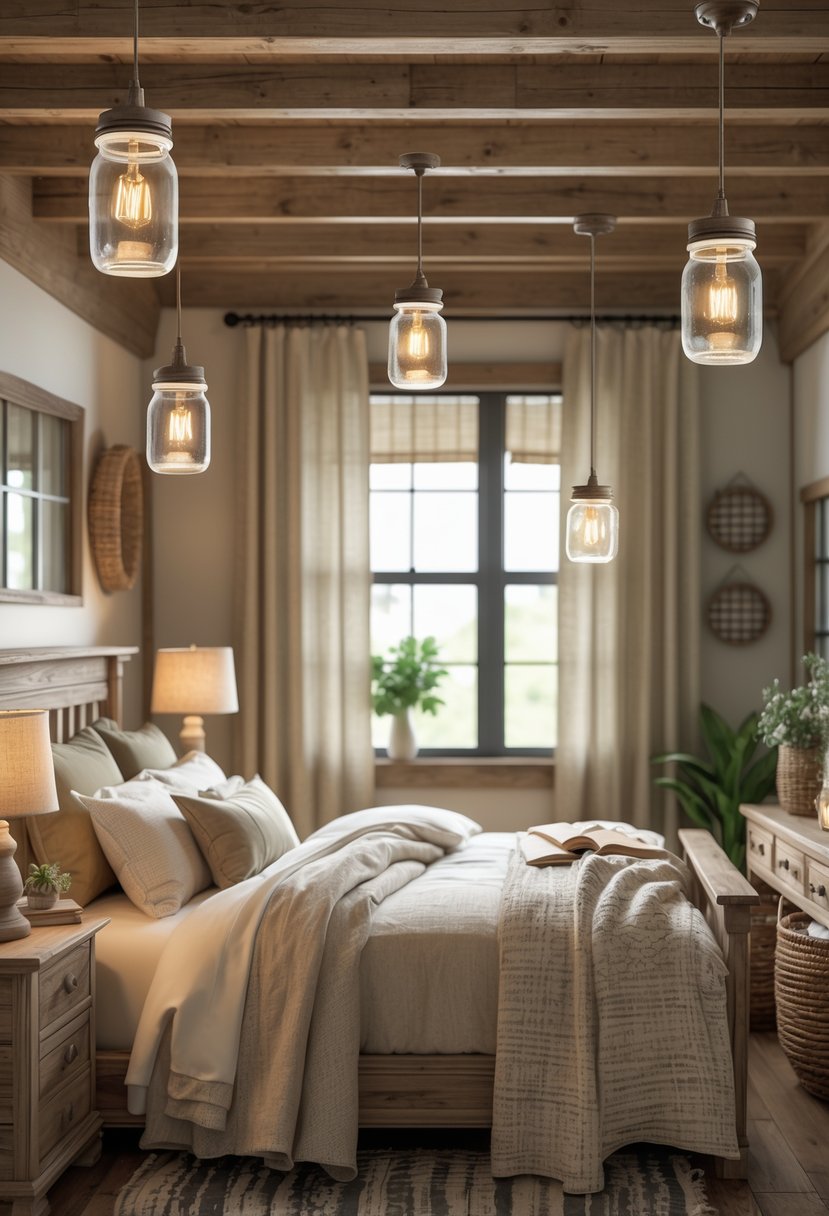 A guest bedroom with a bed, bedside tables, hanging mason jar pendant lights, wooden furniture, and natural light from a window.