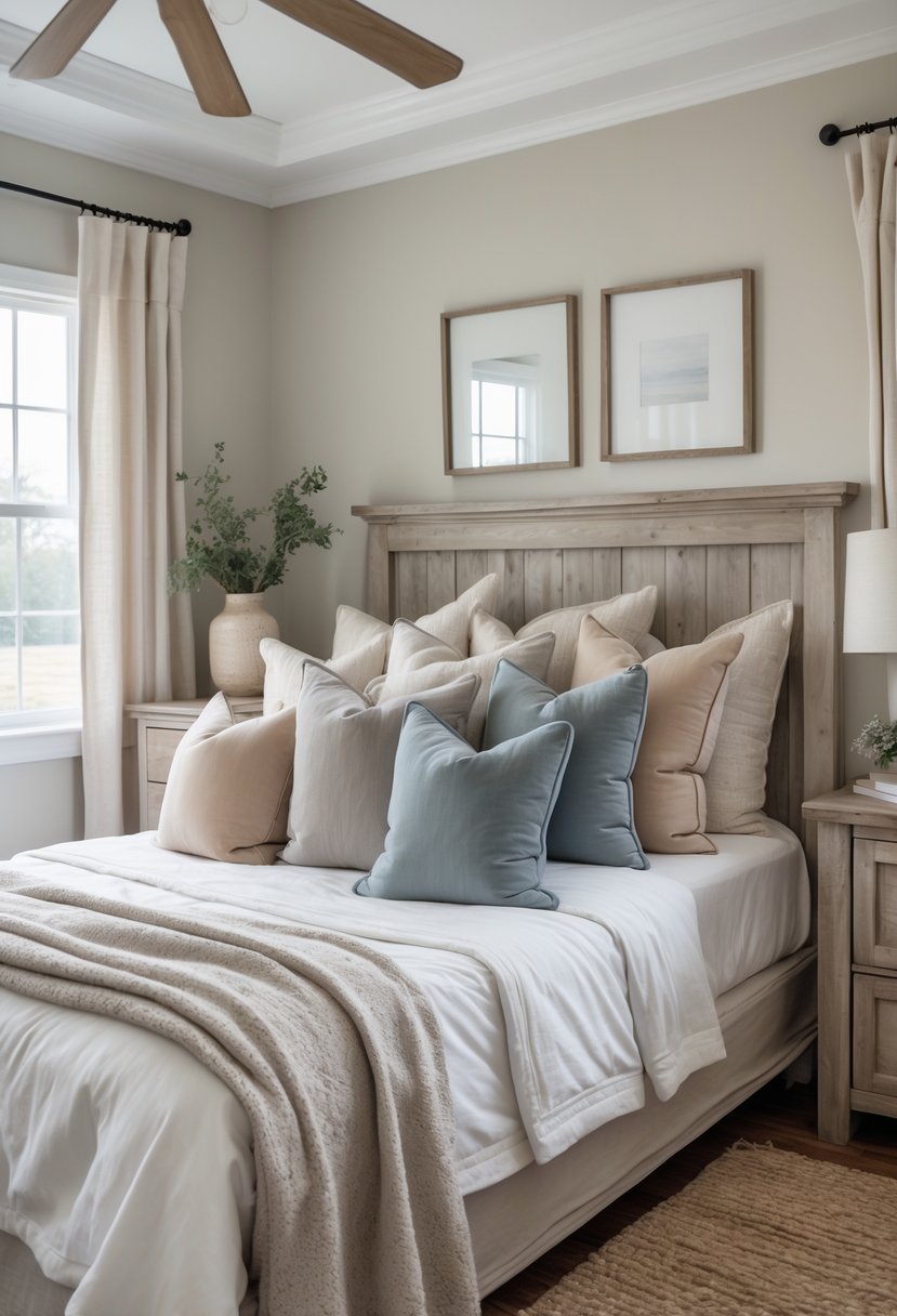 A guest bedroom with a bed covered in white linens and multiple plush throw pillows in soft muted colors, a wooden headboard, a nightstand with a lamp, and natural light coming through a window.