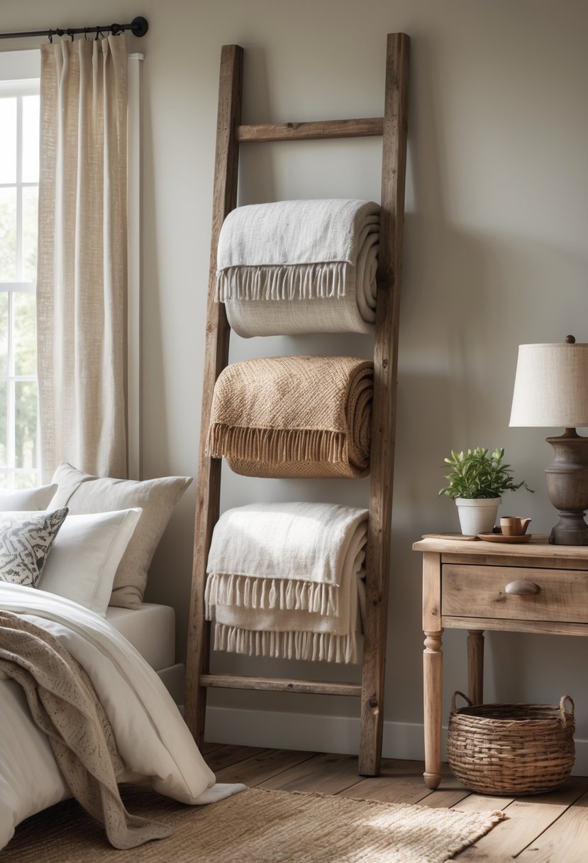 A guest bedroom with a wooden ladder used as a blanket rack next to a bed, featuring a nightstand with a lamp and a potted plant, natural light coming through a window.