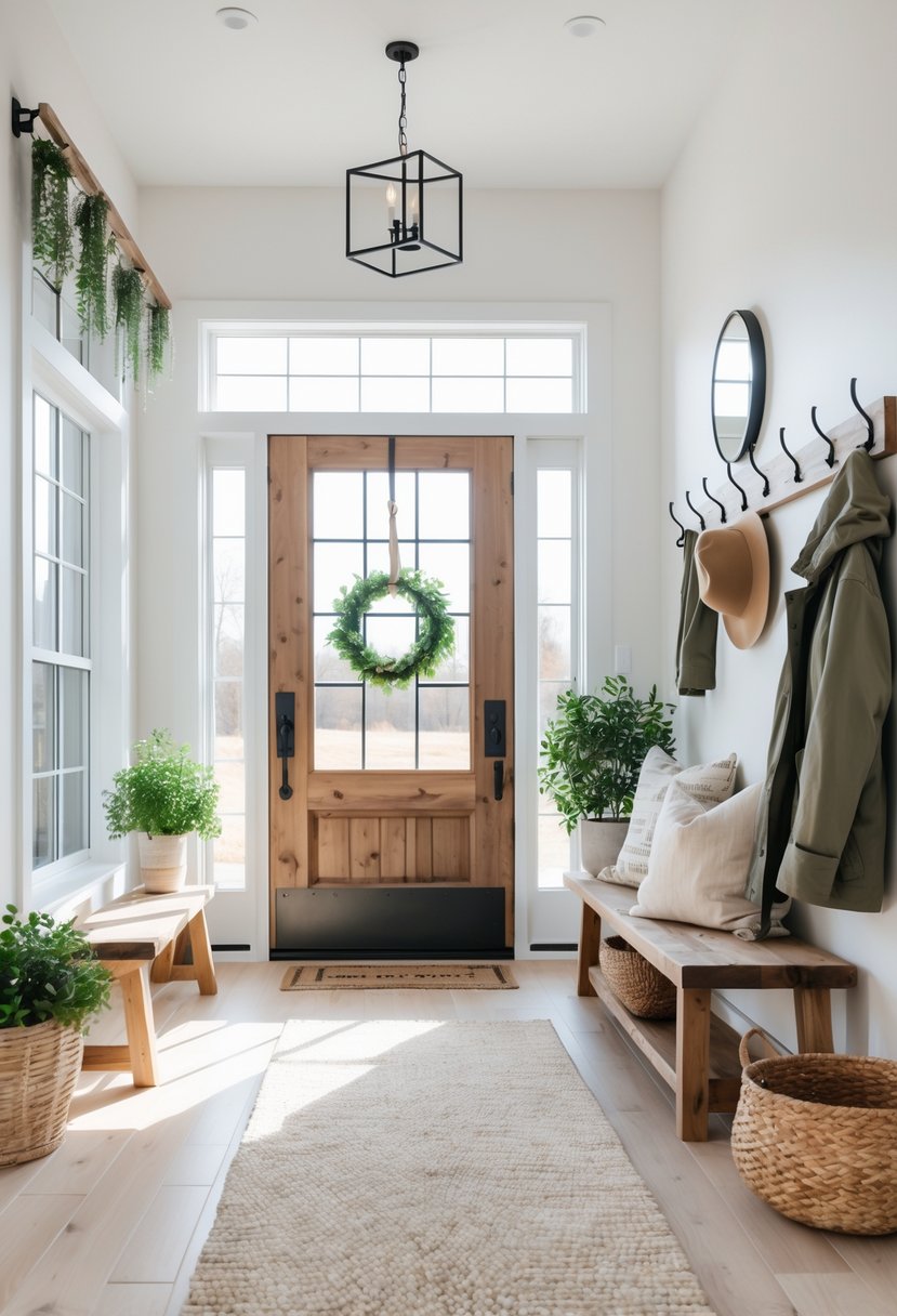 A bright entryway with a wooden door, bench with cushions, coat rack, potted plants, and a round mirror.
