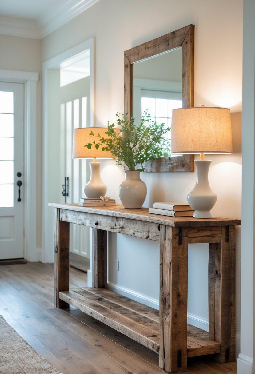 An entryway with a wooden console table decorated with a vase of greenery, books, and a lamp beneath a wall mirror.