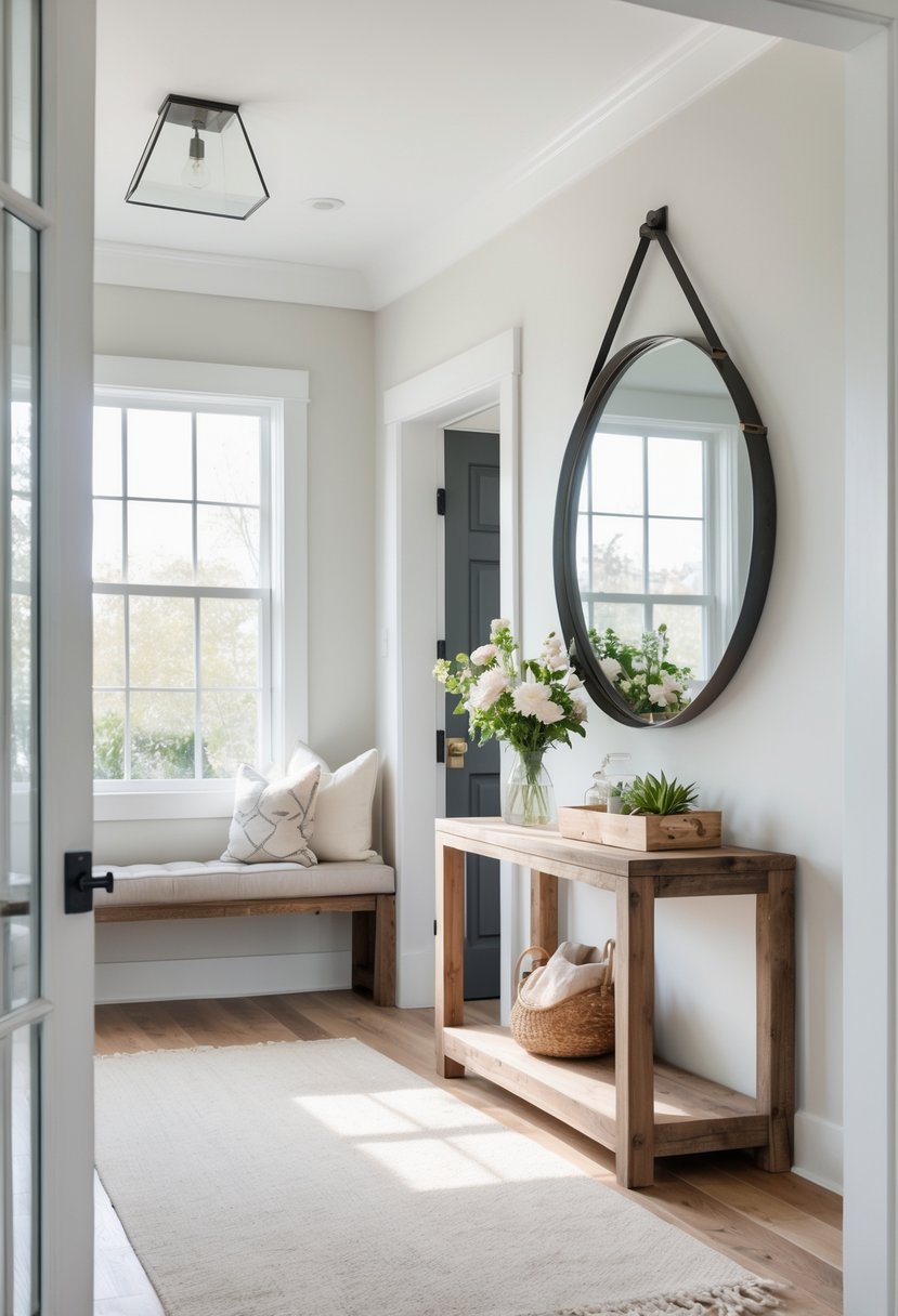 Entryway with a round metal-framed mirror above a wooden console table and a bench with cushions, illuminated by natural light.