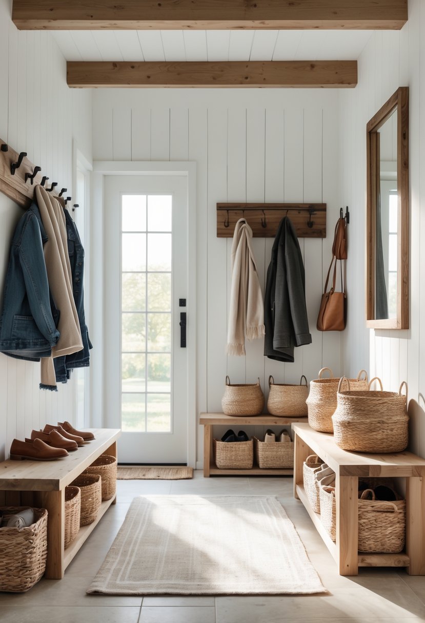 Entryway with wooden shelves and woven baskets used for storage, a coat rack with jackets, a mirror, and a rug on the floor.