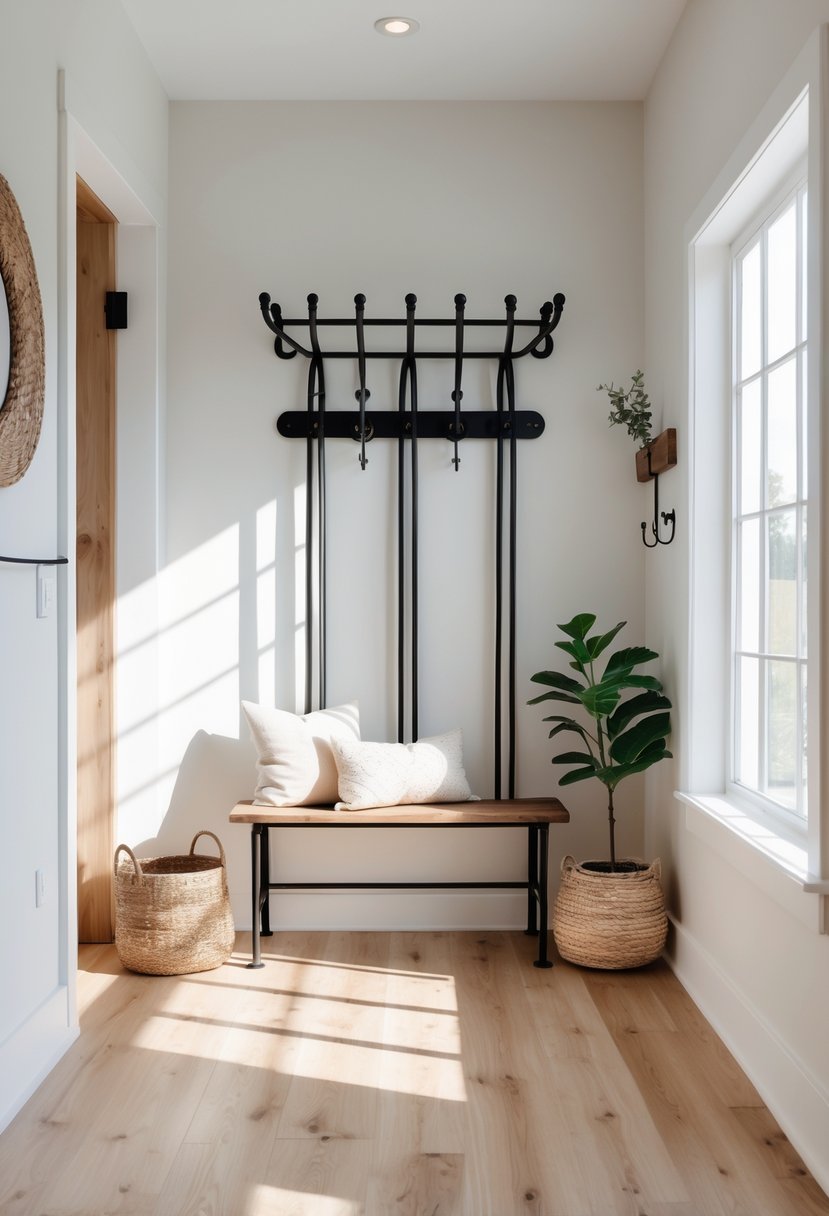 An entryway with a black wrought iron coat rack, wooden bench, and natural light coming through a window.