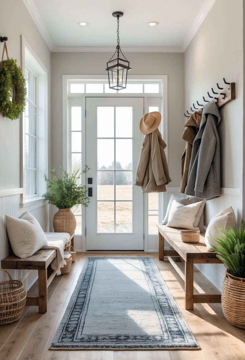 Entryway with a gray runner rug on wooden floor, a wooden bench with cushions, a coat rack, and potted plants.