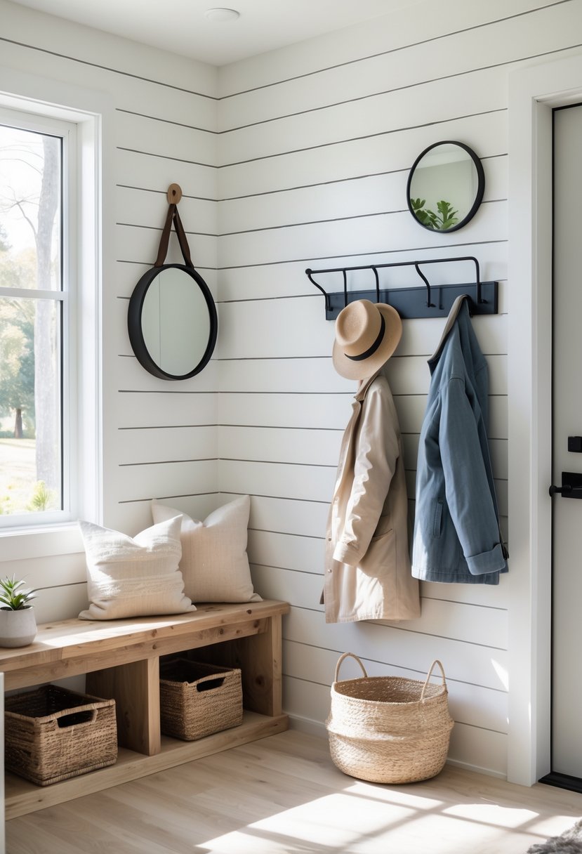 An entryway with white shiplap paneling on one wall, a wooden bench with cushions, a coat rack with jackets and hats, and natural light filling the space.