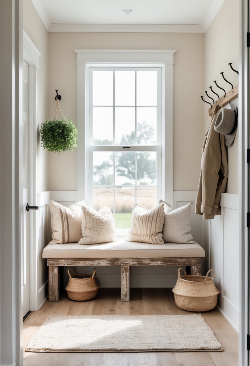 A cozy entryway with a wooden bench topped with soft cushions, a potted plant, and a coat rack with jackets.