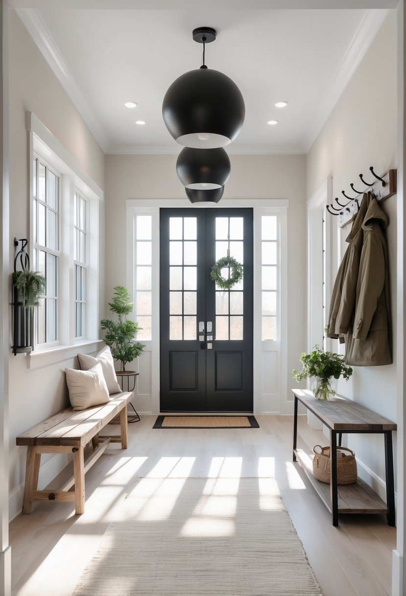 Entryway with matte black pendant lights, a wooden bench, and a console table with a vase of greenery.