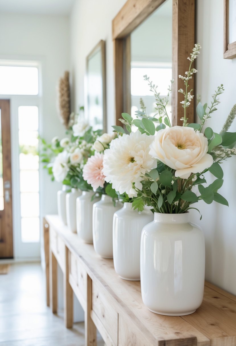 White ceramic vases with fresh flowers displayed on a wooden table in an entryway.