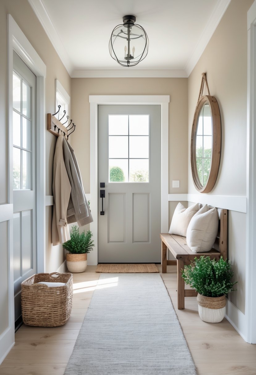 A bright entryway with a wooden door, bench, coat rack, mirror, and plants in neutral colors.