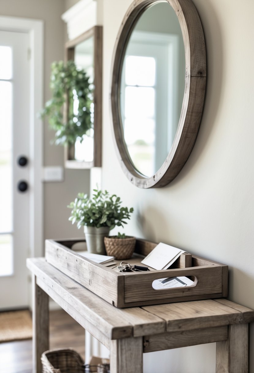An entryway with a distressed wooden tray holding keys and mail on a console table, with a plant and a mirror in the background.