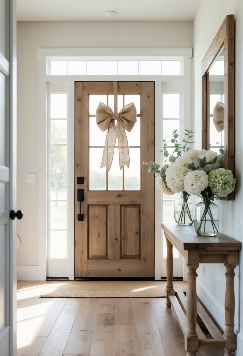 A farmhouse entryway with a wooden door decorated with a burlap bow and simple floral arrangements on a wooden table.