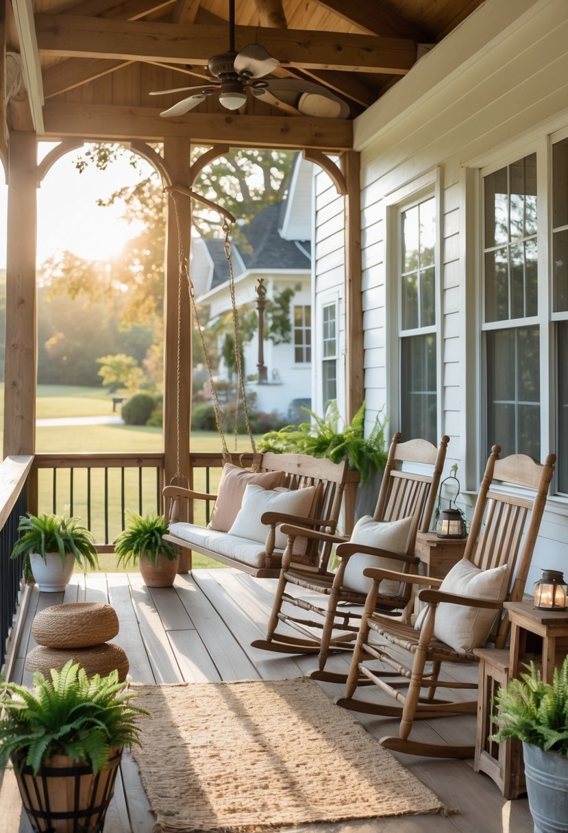 A spacious farmhouse porch with wooden rocking chairs, a swing, potted plants, and decorative cushions on a sunny day.