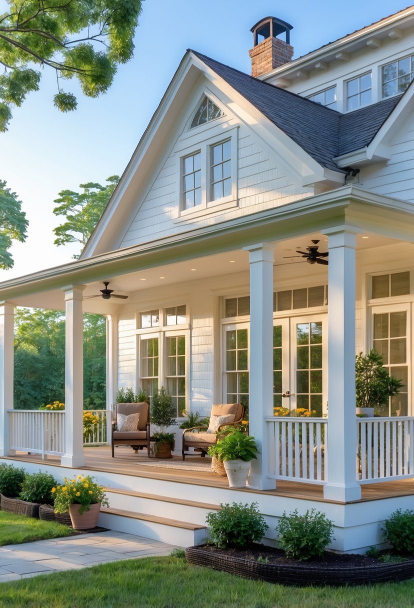 A spacious wraparound porch with white railings on a farmhouse surrounded by greenery under a clear sky.
