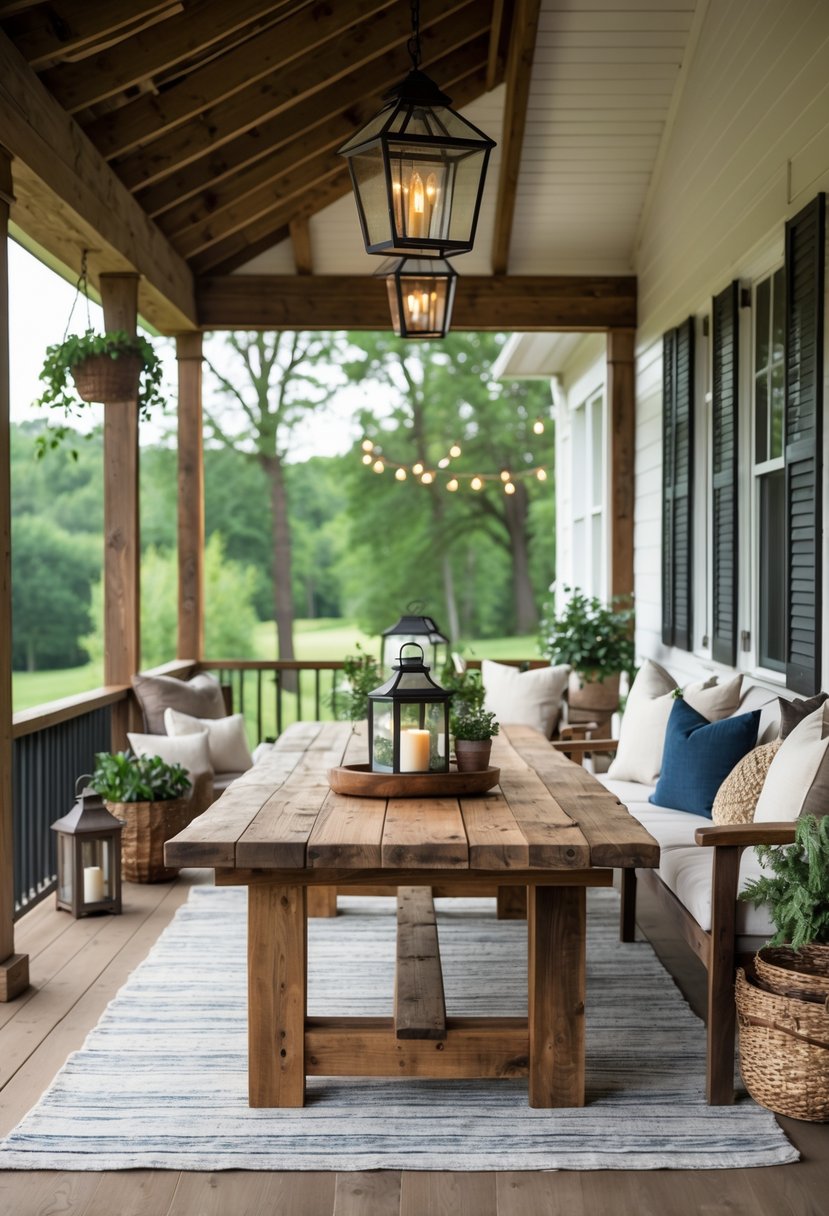 A large wooden table on a porch surrounded by chairs, plants, and soft lighting with greenery in the background.