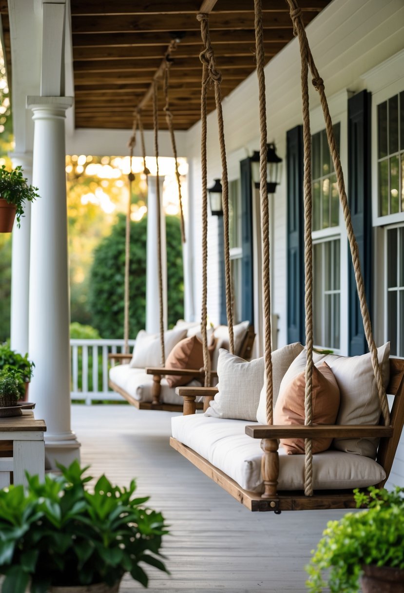 A farmhouse porch with hanging swing benches decorated with cozy cushions and surrounded by plants.