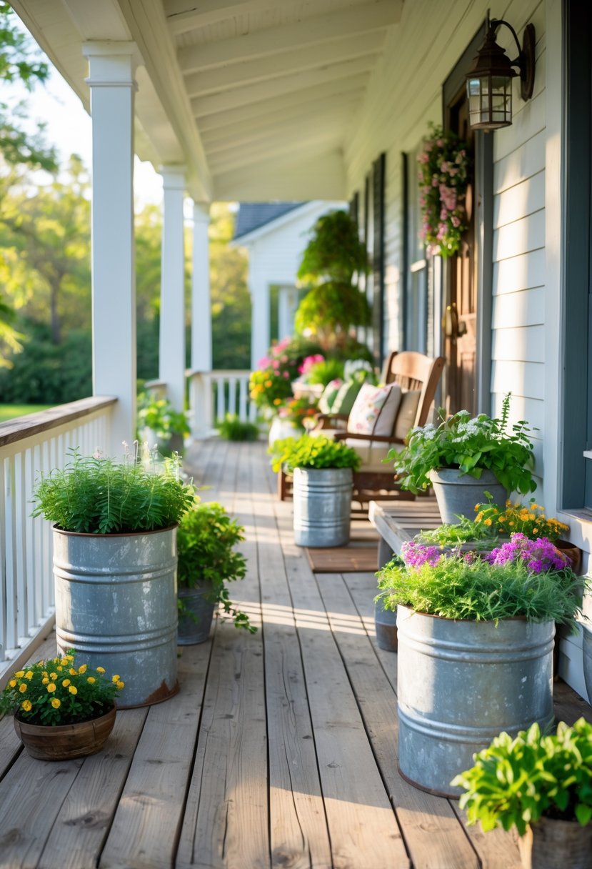 A farmhouse porch with weathered metal planters filled with green plants and flowers, rustic wooden flooring, and a wooden bench with cushions.
