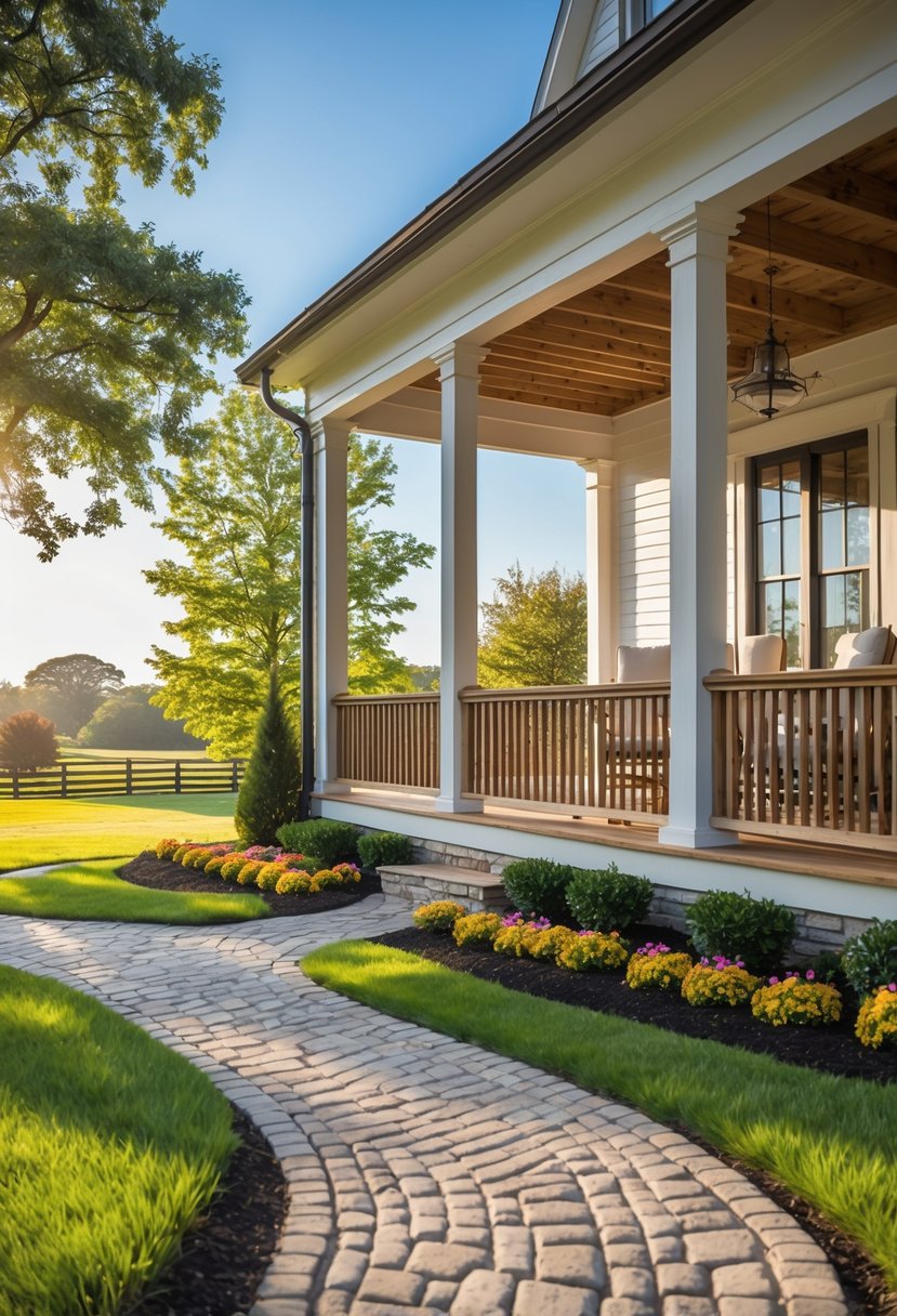 A stone pathway leading to a farmhouse porch surrounded by green grass and flowers.
