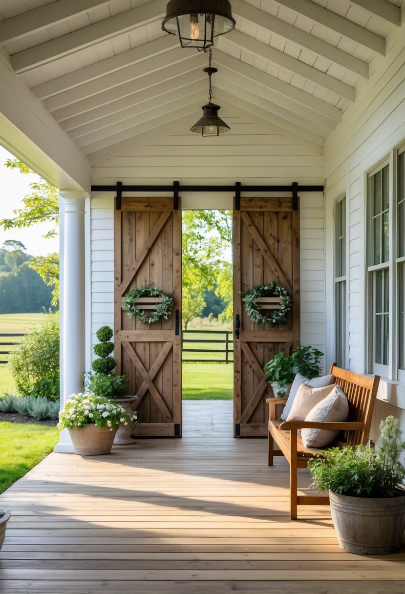 A farmhouse porch with barn-style sliding doors, wooden bench with cushions, potted plants, and a garden in the background.