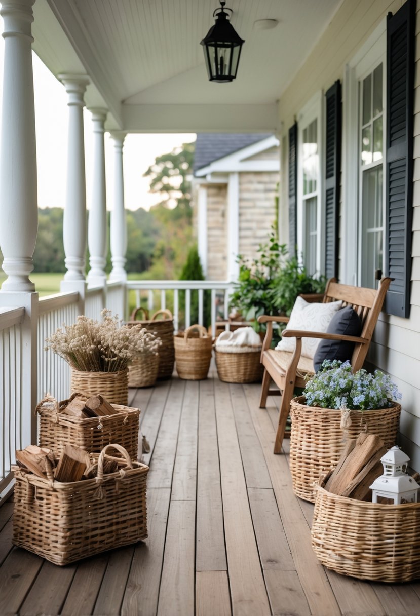 A farmhouse porch with woven wicker baskets arranged for storage and decoration, featuring wooden flooring, plants, and a wooden bench.