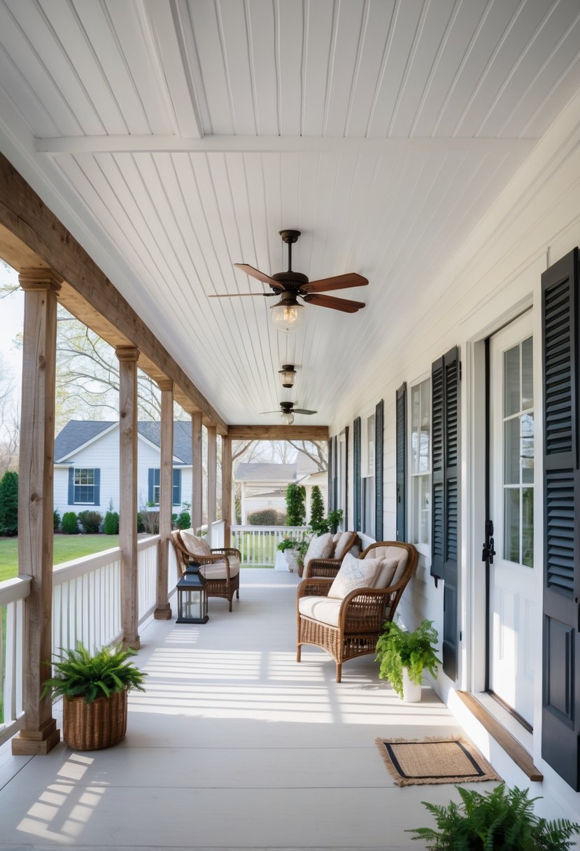 A bright farmhouse porch with white beadboard ceiling panels, wooden beams, wicker chairs, and potted plants.