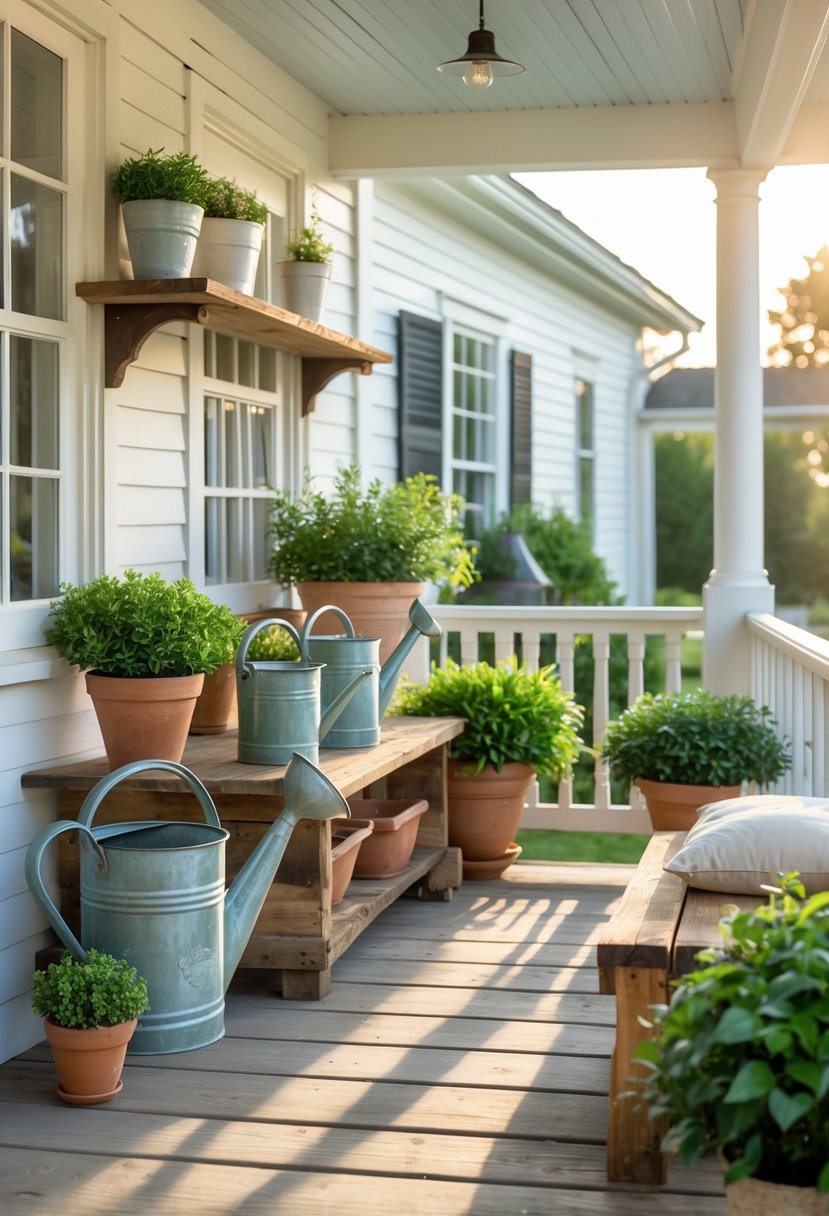 A farmhouse porch decorated with vintage metal watering cans, potted plants, and a wooden bench.