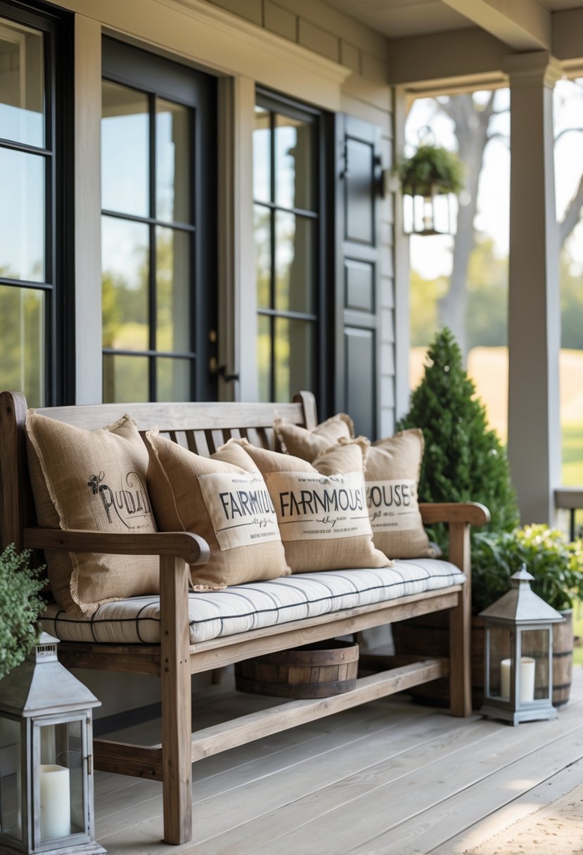 A wooden porch bench with burlap throw pillows and potted plants in a cozy outdoor setting.